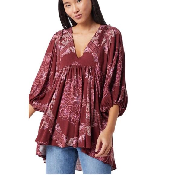 Free People Girl Talk Tunic Dress Red Paisley V-Neck Boho XS/TP‎ - Picture 8 of 11